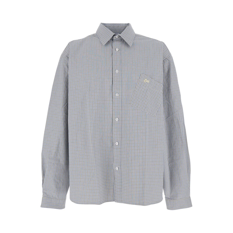 Beige Shirt with Logo Embroidery on the Front and All-Over Check Motif in Cotton Man
