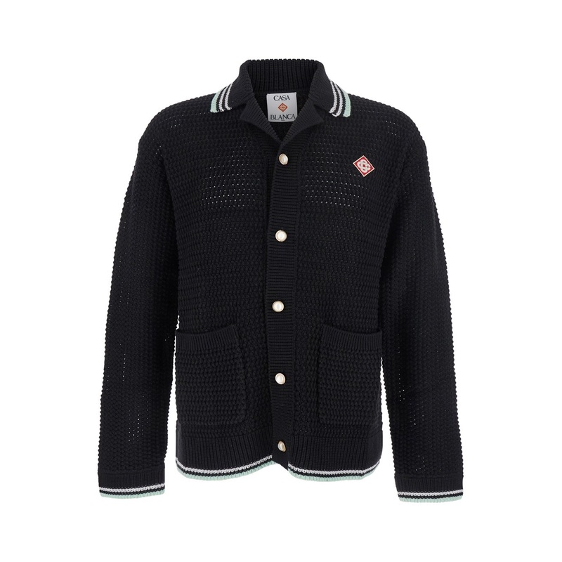 Black Cardigan with Logo Patch on the Front in Cotton Man