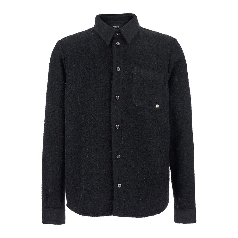 Black Shirt with Classic Collar and Logo Plaque on the Front in Fabric Man