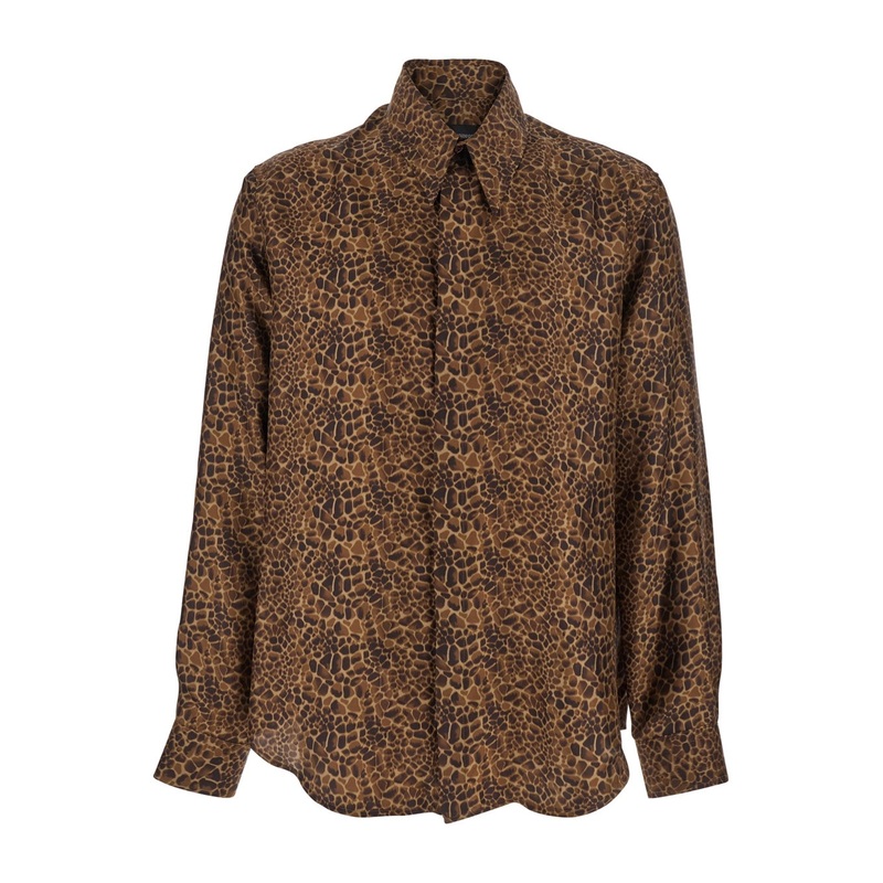 Brown Shirt with Leopard Print and Pointed Collar in Silk Man