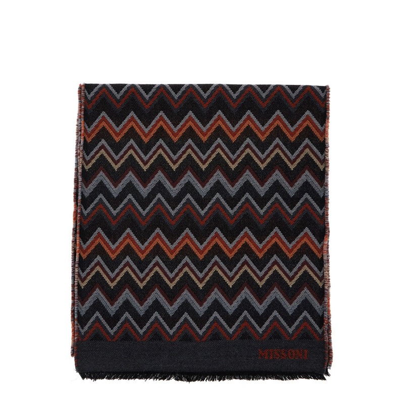Multicolor Scarf with ZigZag Motif and Fringed Hem in Wool Man