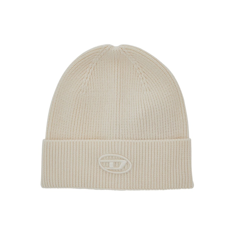 White Beanie with Logo Embroidery on the Front and Ribbed Brim in Cotton and Wool Man