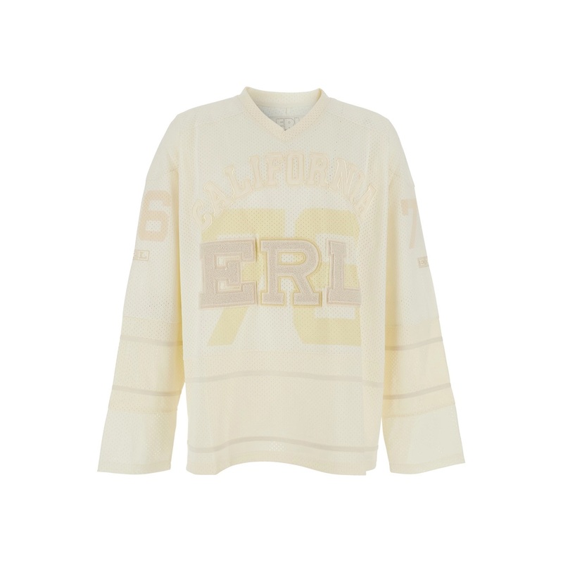 White Long-Sleeve T-Shirt with V Neck and Maxi Logo on the Front in Tech Fabric Man