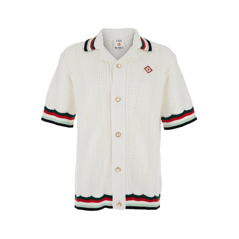 White Shirt with Classic Collar and Chest Logo Patch in Cotton Man