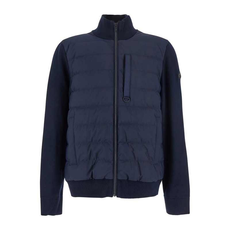 Blue Cardigan with Knitted Inserts and Logo Patch on Sleeve in Wool and Tech Fabric Blend Man