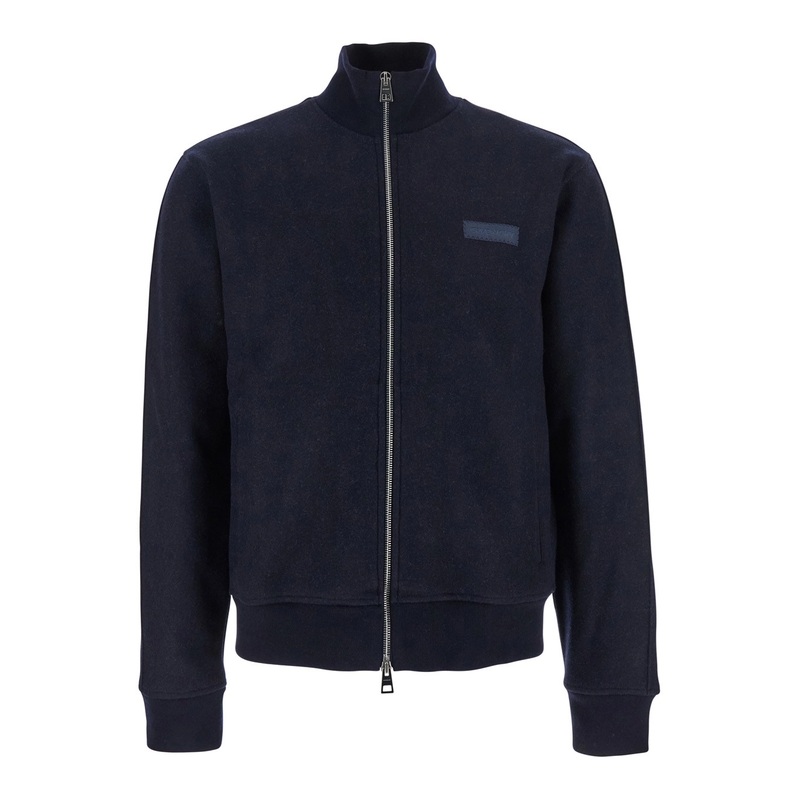 Blue Jacket with High Neck and Logo Patch on the Front in Wool and Cashmere Blend Man