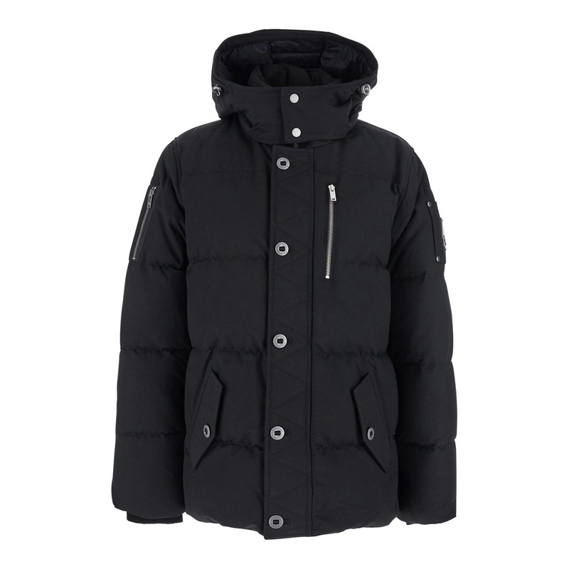 ‘Forrestville’ Black Down Jacket with Fixed Hood and Logo Patch on the Sleeve in Cotton Blend Man