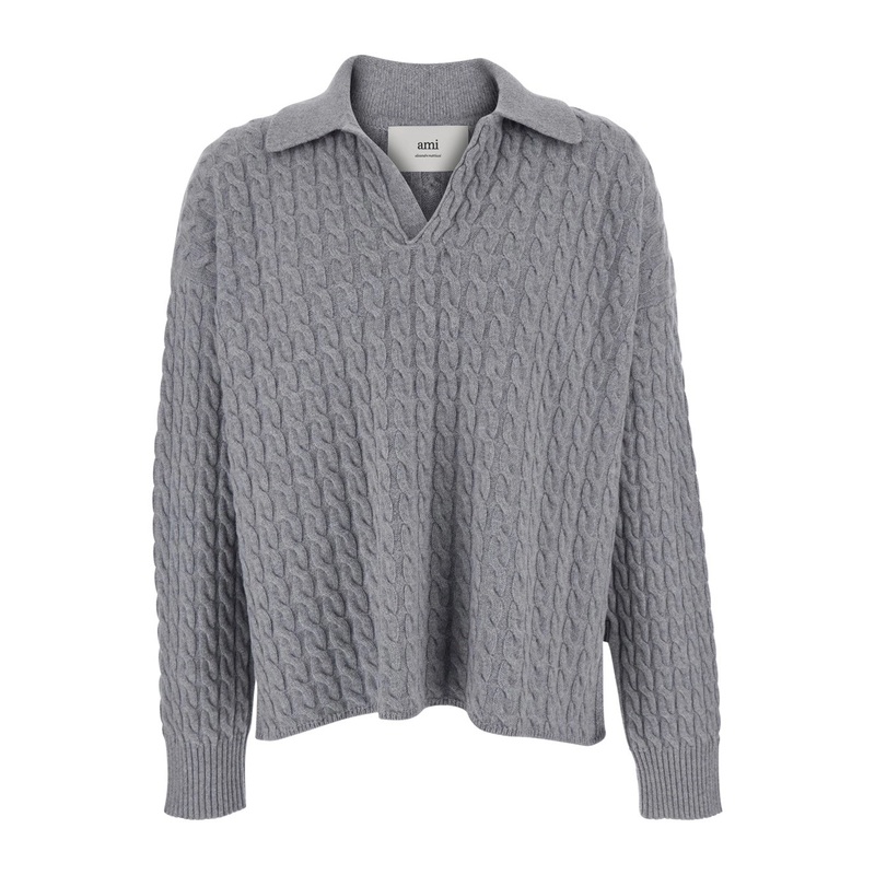 Grey Polo Shirt with Woven Design in Wool Man