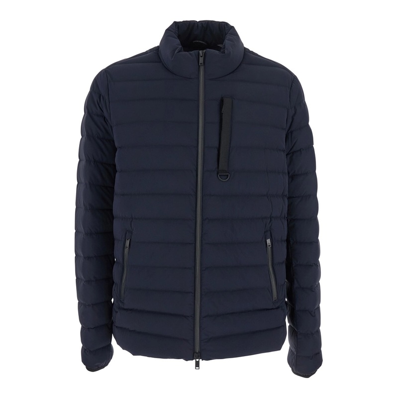 ‘Laki’ Blue Down Jacket with High Neck and Logo Patch on the Sleeve in Tech Fabric Man