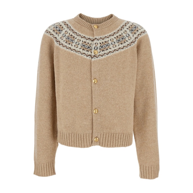 Beige Crew Neck Cardigan with Geometric Pattern in Wool Man