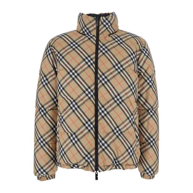 Beige Reversible Down Jacket with All-Over Check Motif in Tech Fabric Man