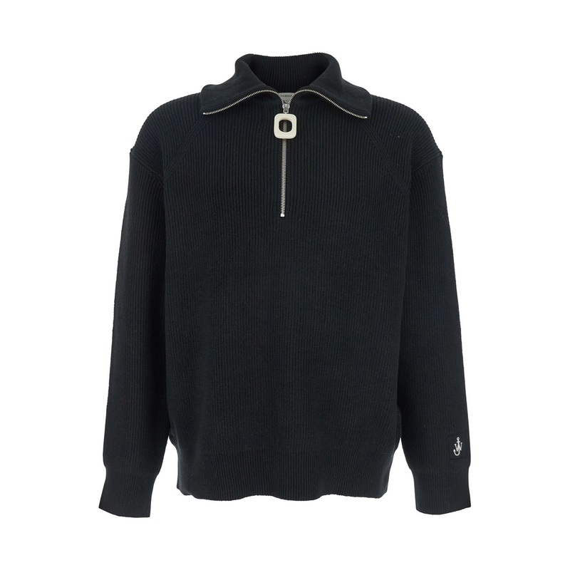 Black Blend High Neck Sweater with Embroidered Logo on the Sleeve in Cotton Man