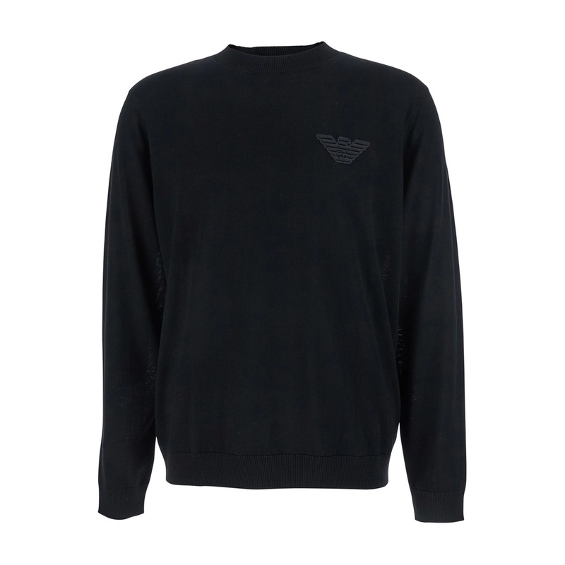 Black Crewneck Sweater with Logo Embroidery on the Front in Wool Man