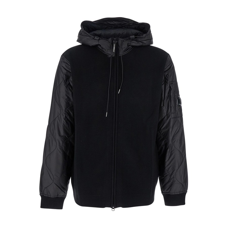 Black Jacket with Drawstring Hood and Logo Plaque on the Sleeve in Wool Man