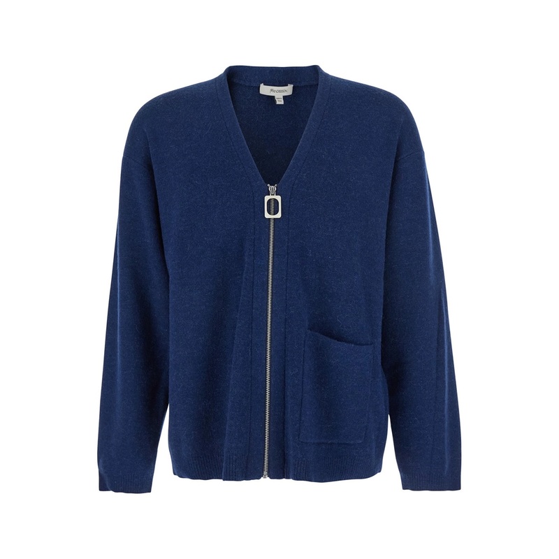 Blue Cardigan with V Neck and and Front Zip Closure in Wool Blend Man