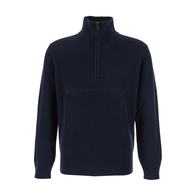 Blue Sweater with High Neck and Half Zip Closure on the Front in Wool Man