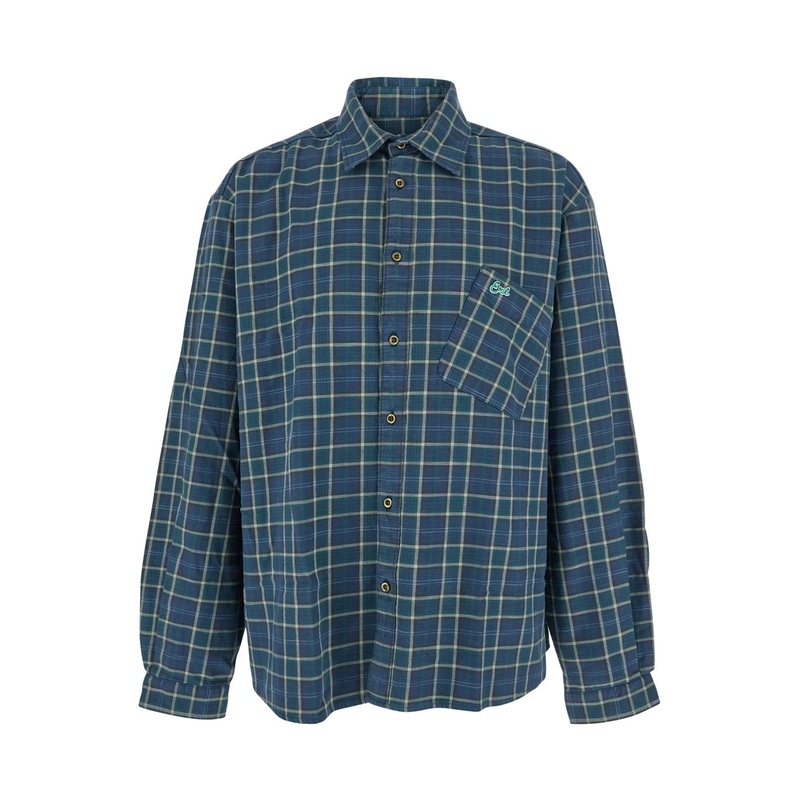 Green Shirt with Check Pattern and Logo Lettering on the Back in Flannel Man