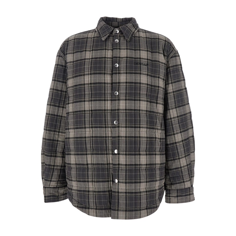 Grey Shirt with Logo Lettering on the Front and All-Over Check Motif in Cotton Man