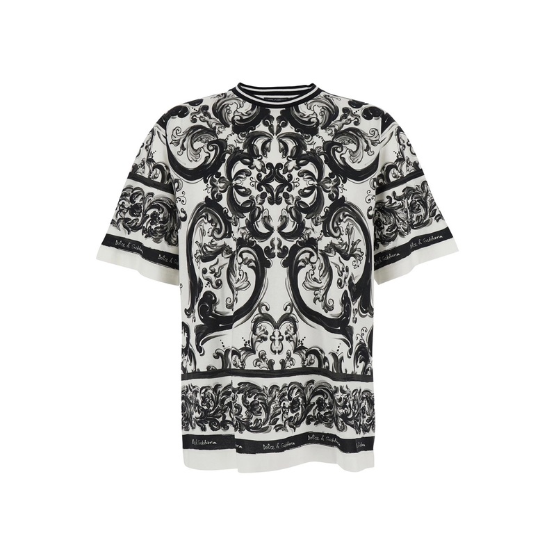 Black and White Crewneck T-Shirt with All-Over Graphic Print in Cotton Man