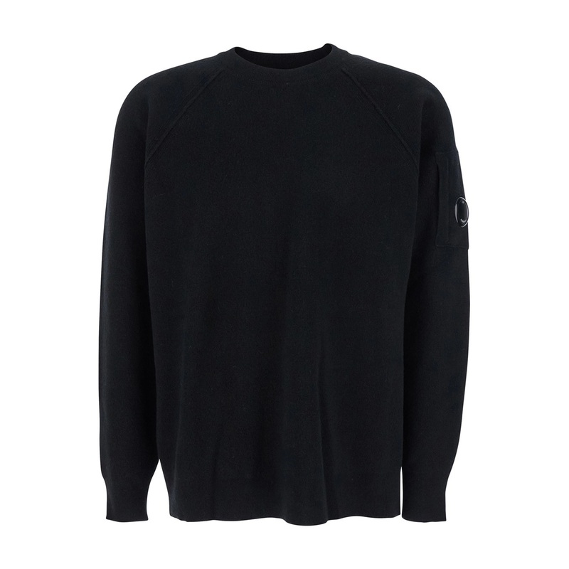 Black Crewneck Sweater with Logo Plaque on the Sleeve in Wool Blend Man