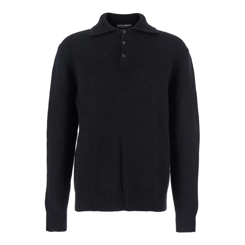 Black Sweater with Polo Collar and Back Logo Patch in Wool Man