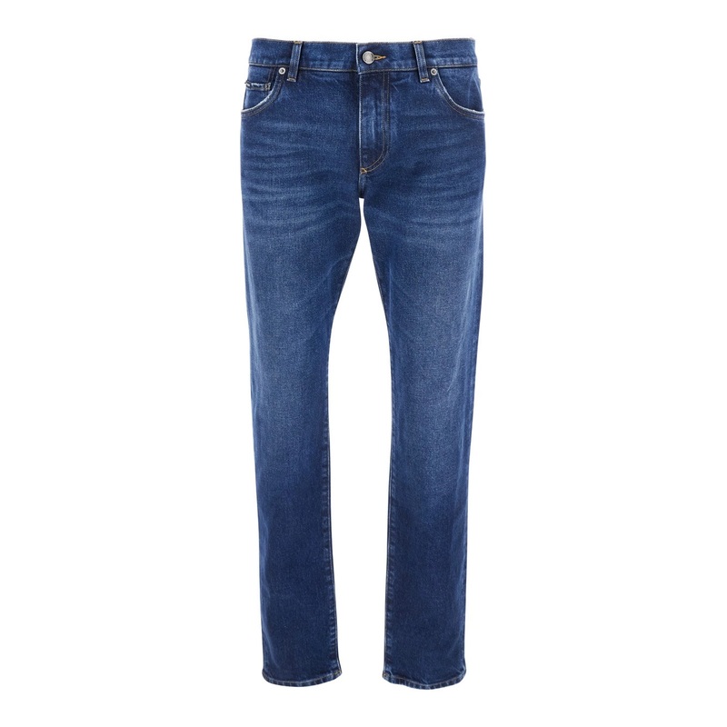 Blue Slim Jeans with Logo Patch on the Rear in Denim Man