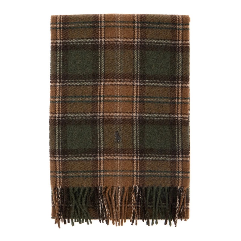 Brown Scarf with Pony Embroidery on the Front and All-Over Check Motif in Wool Man