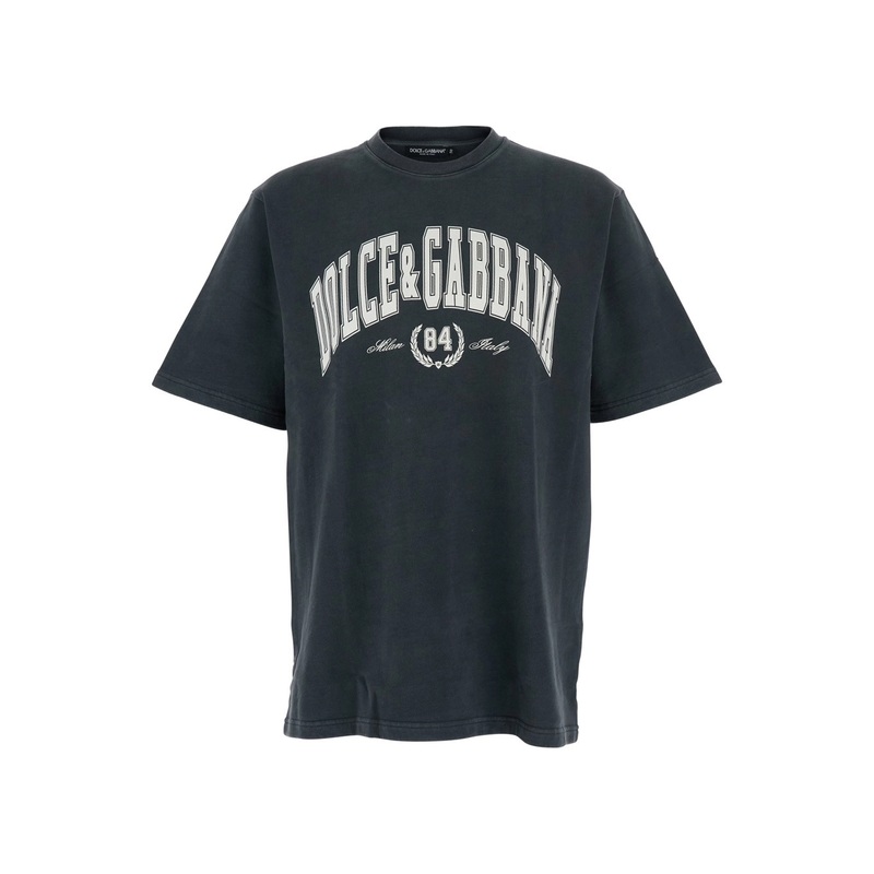 Dark Grey Crewneck T-Shirt with Logo Lettering Print on the Front in Cotton Man