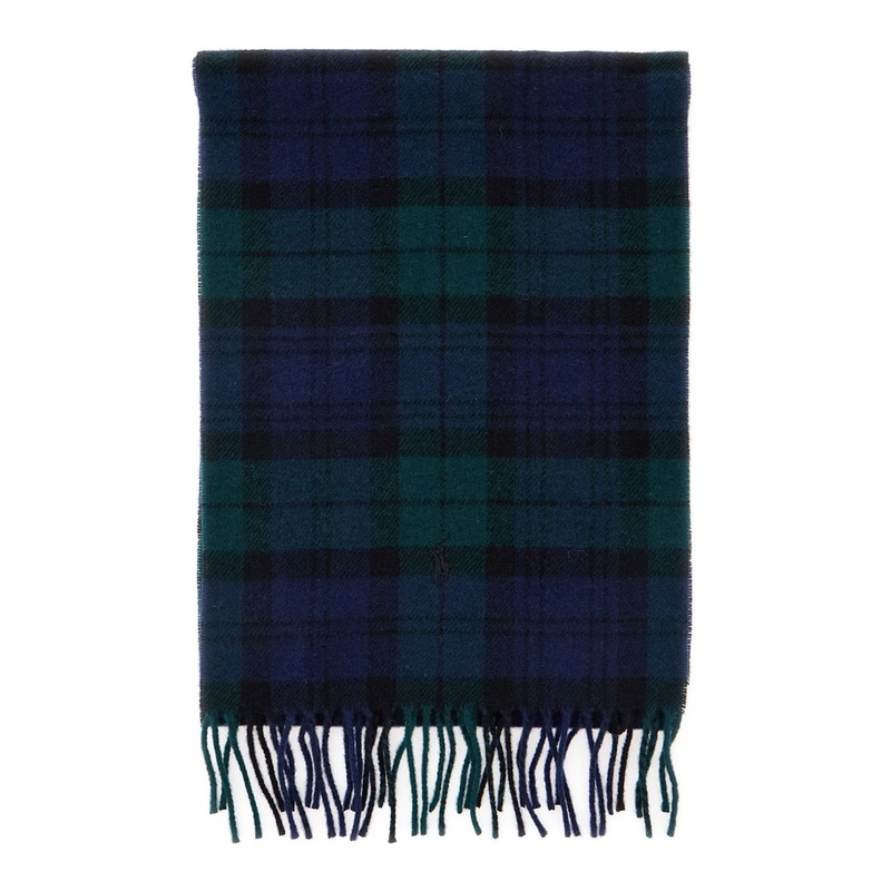 Green Scarf with Pony Embroidery on the Front and All-Over Check Motif in Wool Man