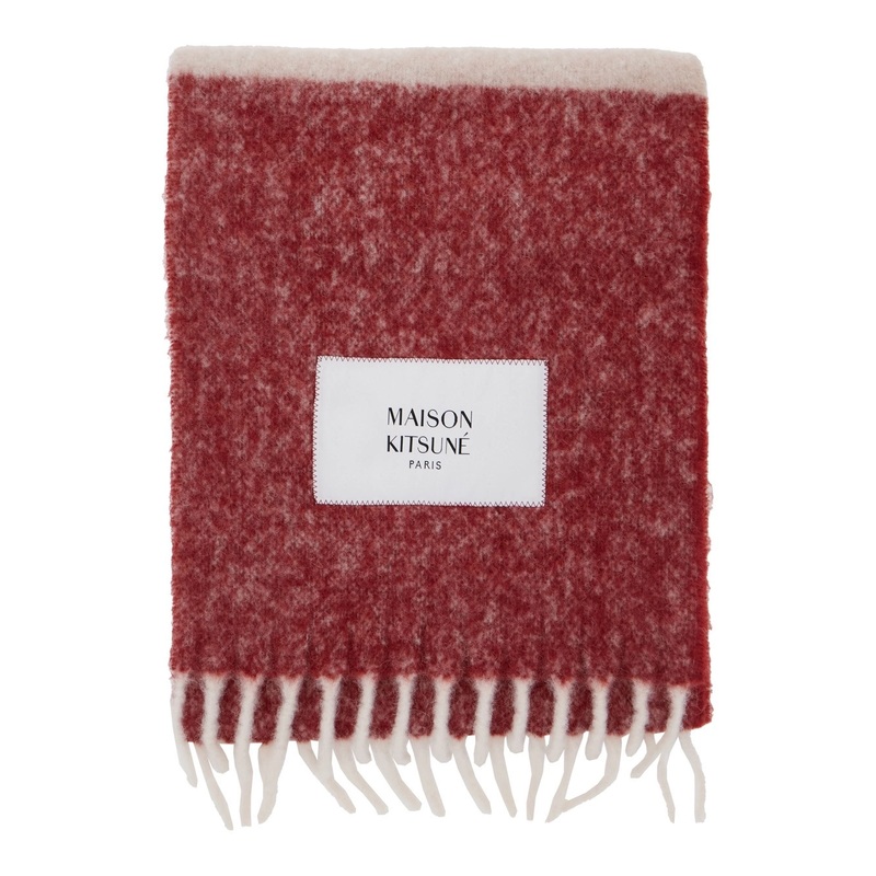 Red Scarf with Logo Patch on the Front and Fringed Hem in Wool Man