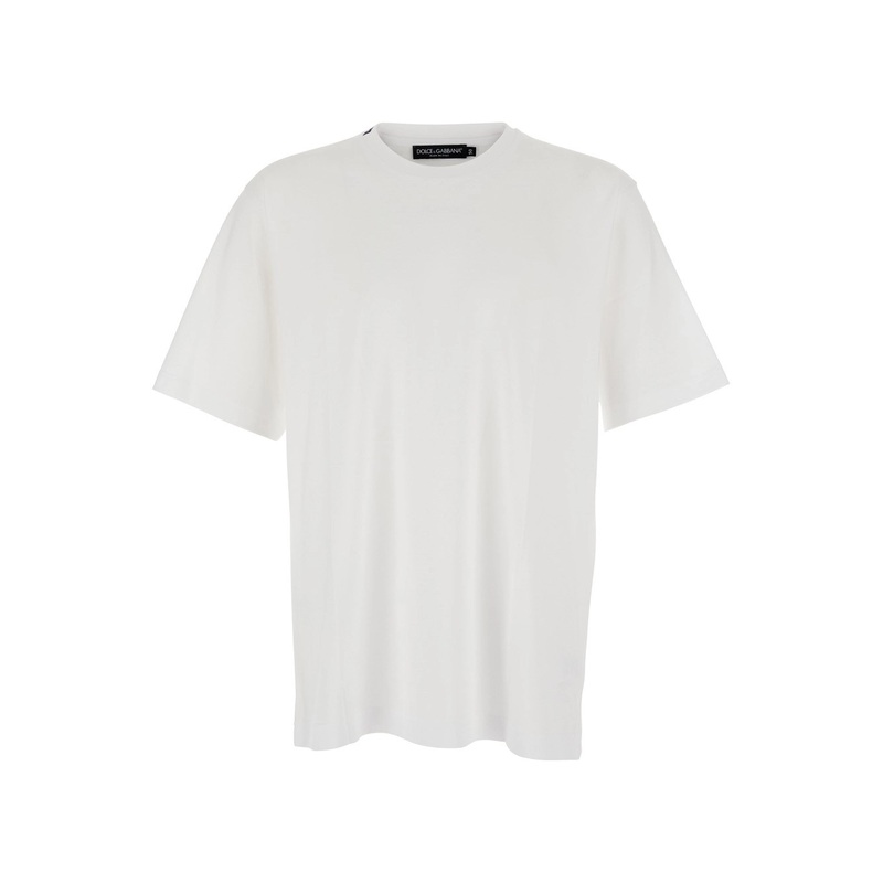 White Crew Neck T-Shirt with Back Logo Patch in Cotton Man