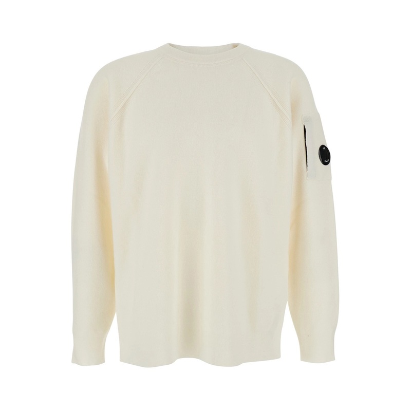 White Crewneck Sweater with Logo Plaque on the Sleeve in Wool Blend Man
