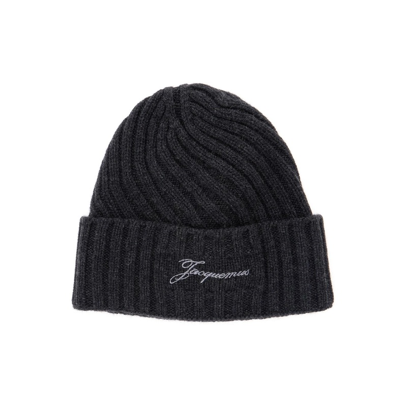 ‘Le Bonnet Tourni’ Grey Beanie with Turn-Up Brim and Logo Lettering on the Front in Wool Man
