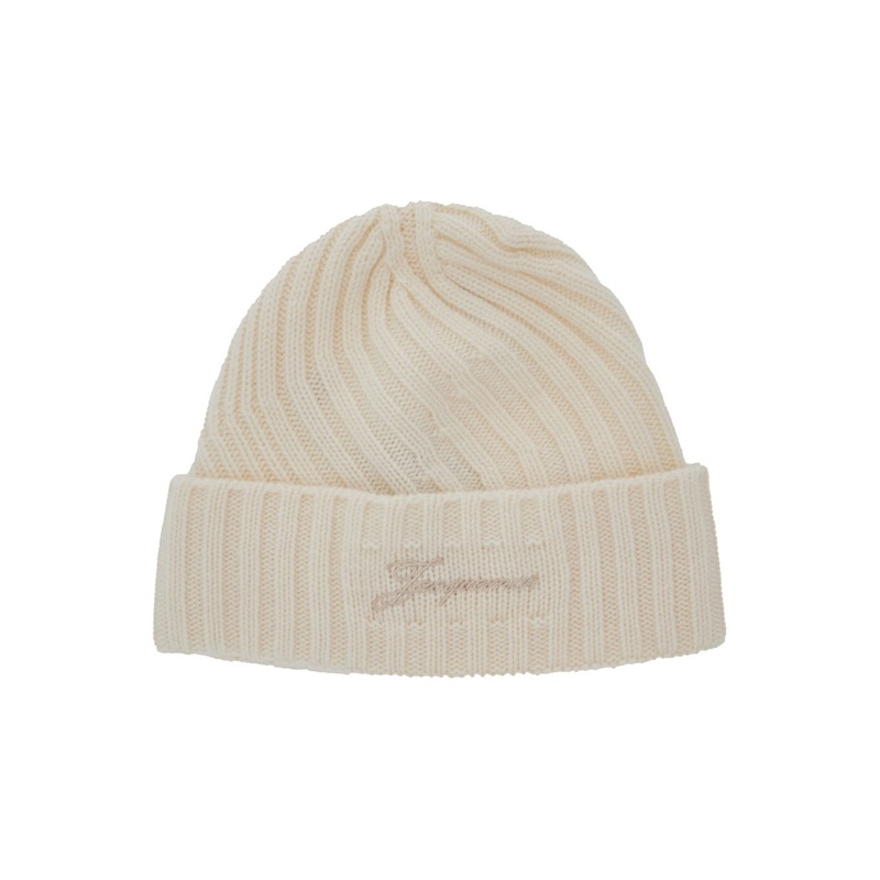 ‘Le Bonnet Tourni’ White Beanie with Turn-Up Brim and Logo Lettering on the Front in Wool Man