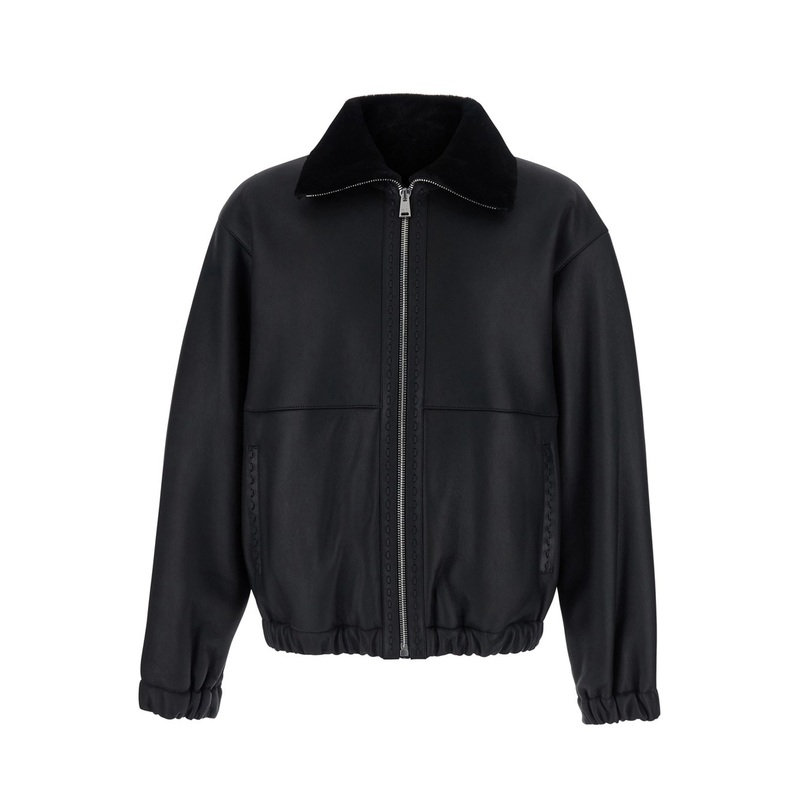 Black Shearling Jacket with Dropped Shoulders and FF Patch on the Rear in Leather Man