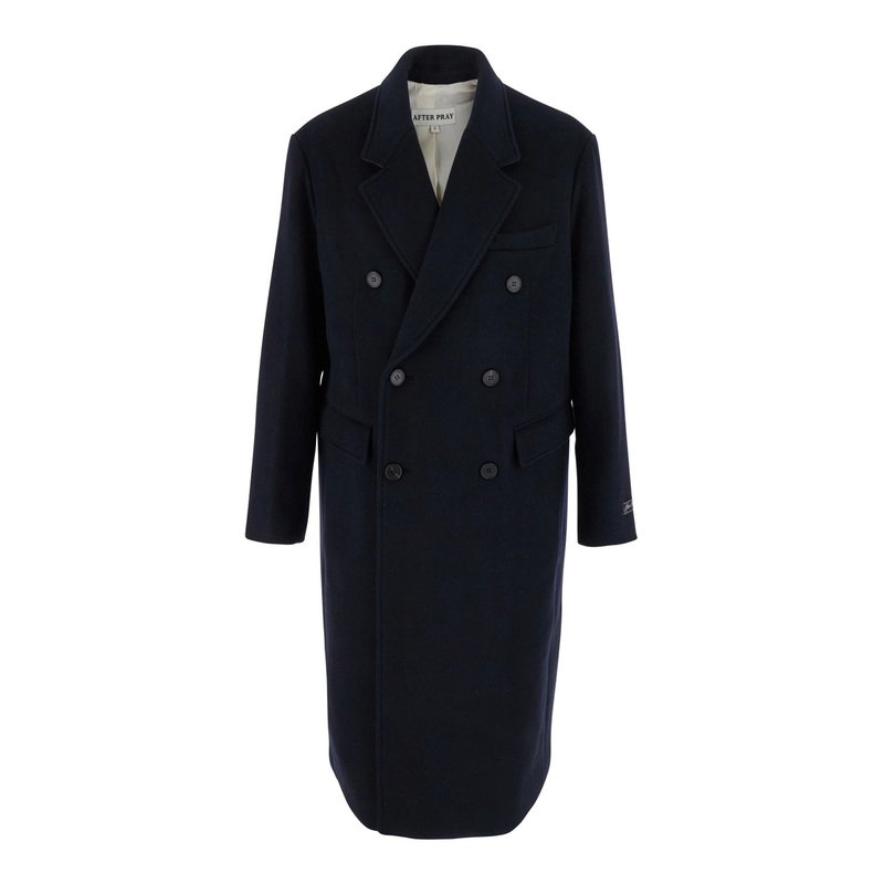 ‘Bless’ Blue Double-Breasted Coat with Notched Revers and Logo Patch on the Cuff in Wool Blend Man
