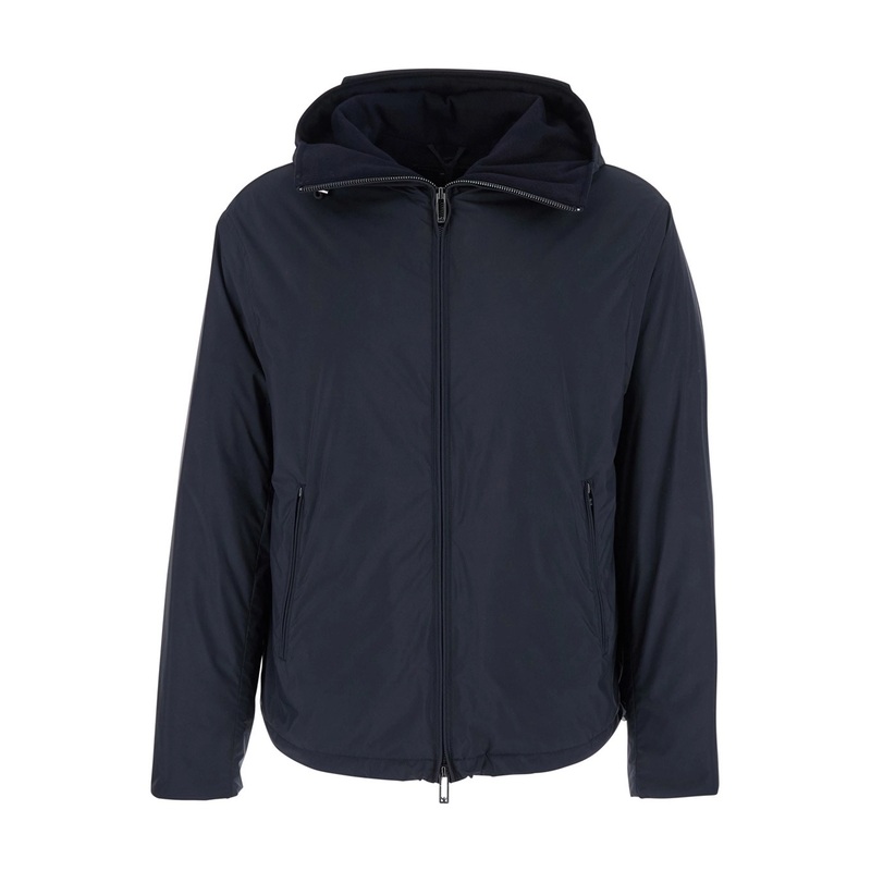 Blue Down Jacket with Hood and Front Zip Closure in Tech Fabric Man