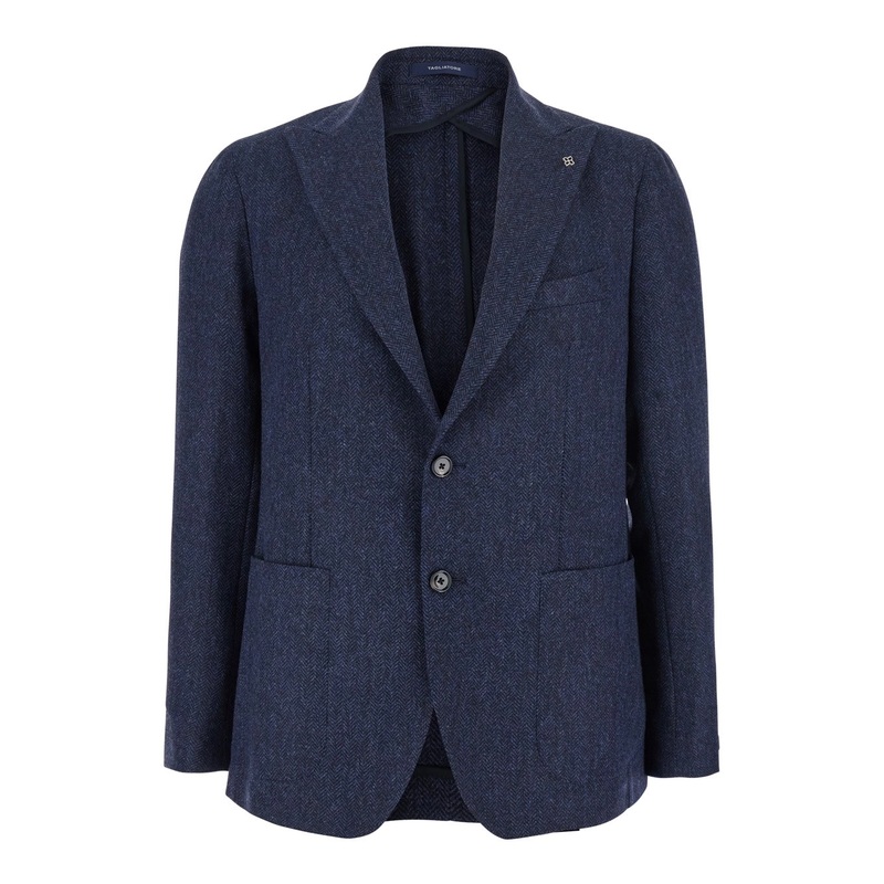 Blue Single-Breasted Jacket with Peak Lapel in Wool and Cotton Blend Man
