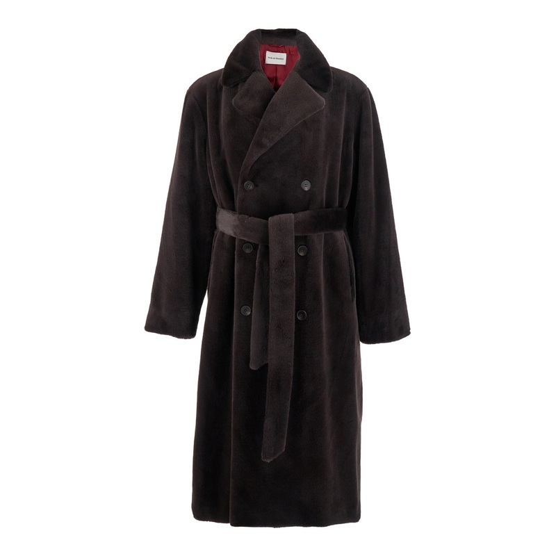 Brown Coat with Waist Belt in Faux Fur Man