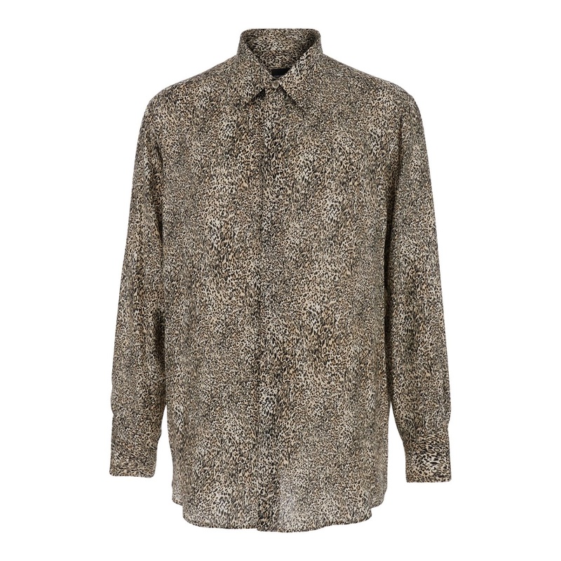 Brown Shirt with Classic Collar and Leopard Motif in Wool Blend Man