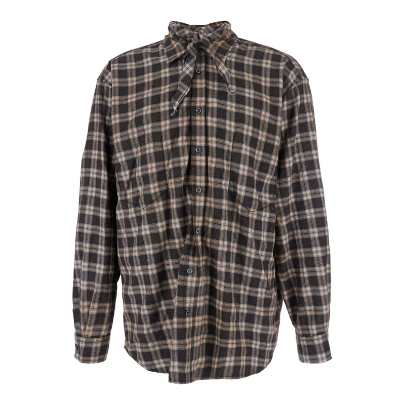 ‘D2 x Magliano’ Brown Shirt with Tie Detail on the Front and All-Over Check Motif in Cotton Man