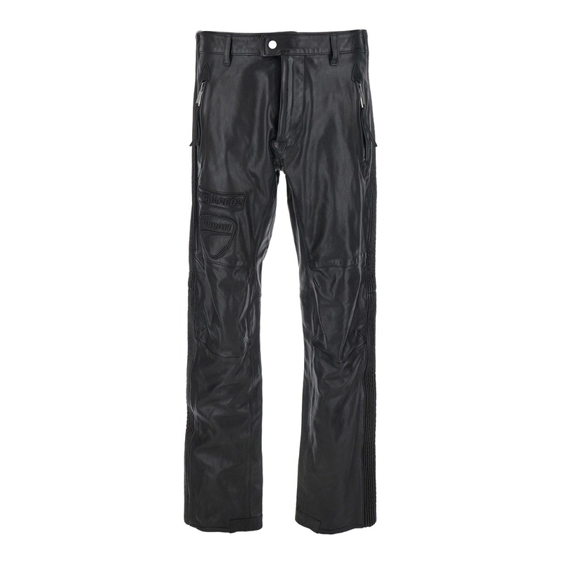 ‘Ducati x D2’ Black Pants with Two Front Zip Closure and Logo Patches on the Front in Leather Man