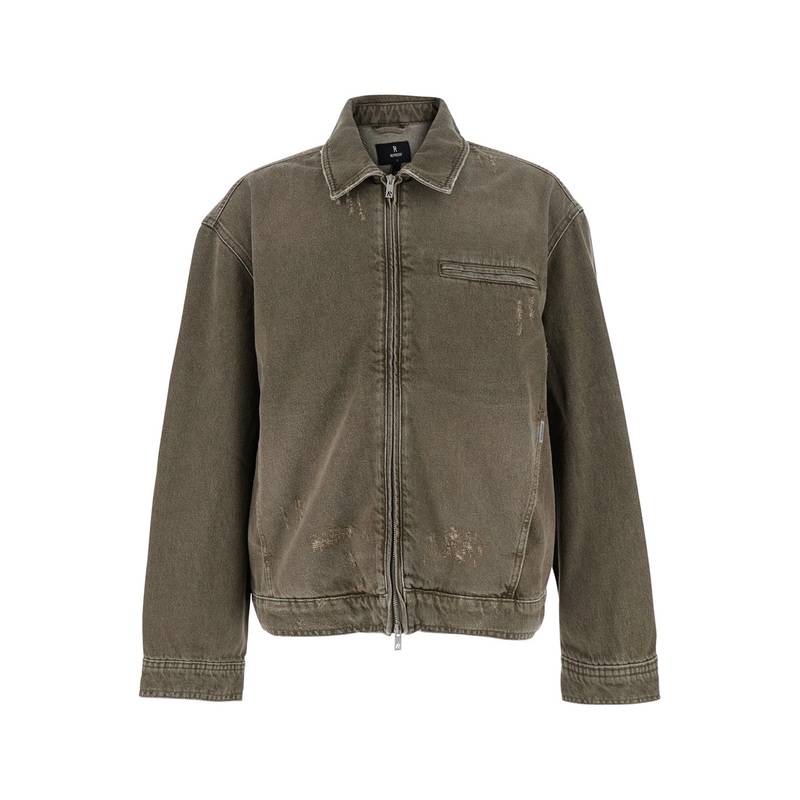 Green Jacket with Classic Collar and Logo Plaque on the Front in Denim Man