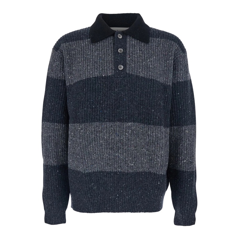 Grey Polo Shirt with Ribbed Design and Striped Motif in Wool Man