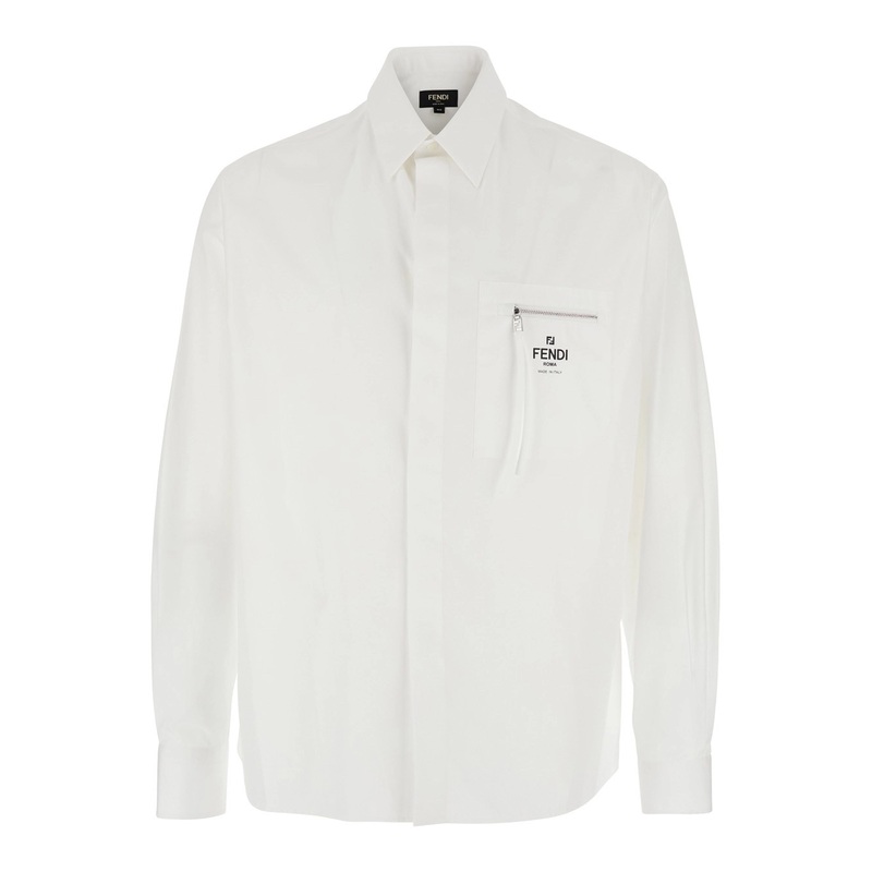 White Shirt with One Front Zip Pocket and Logo Lettering on the Pocket in Cotton Man
