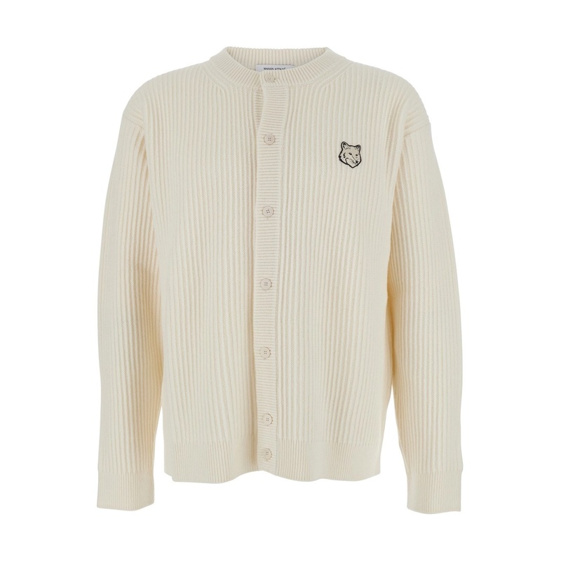Beige Ribbed Knit Crewneck Cardigan with Logo Embroidery on the Front in Wool Man