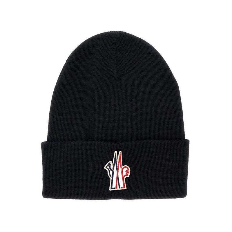 Black Beanie with Turn-Up Brim and Logo Patch on the Front in Wool Man