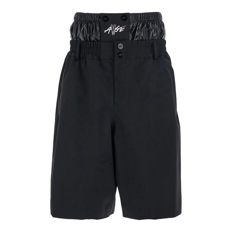 Black Bermuda Pants with Elastic Waist and Logo Patch on Front and Rear in Tech Fabric Man