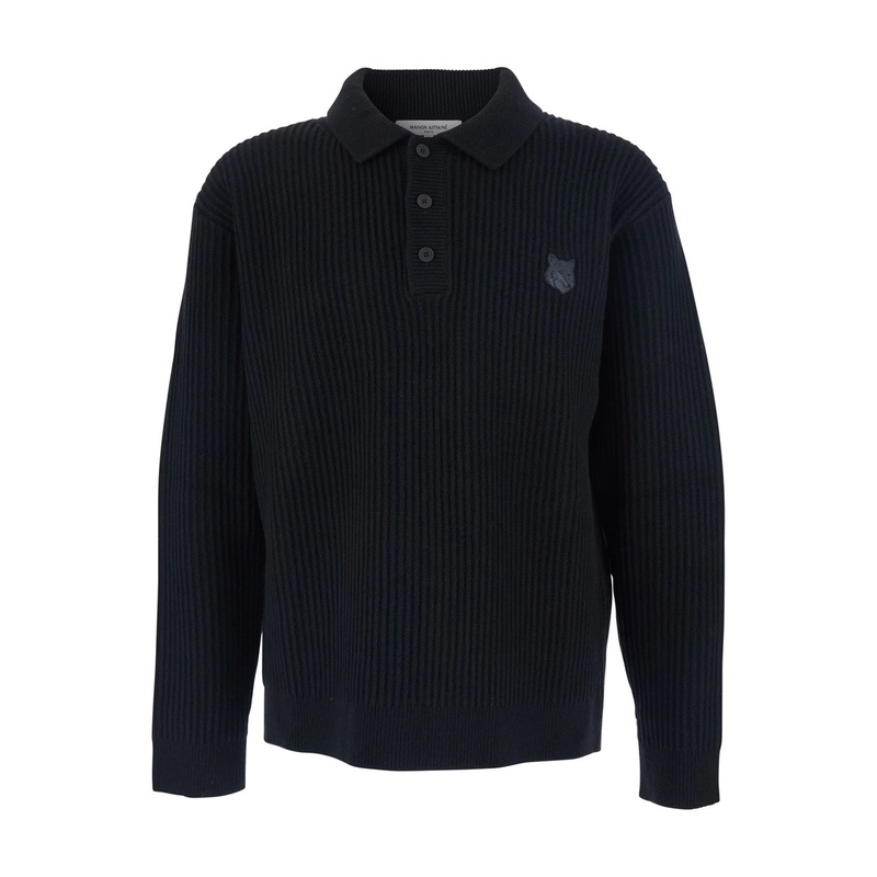 Black Ribbed Sweater with Front Logo Patch in Cotton Man