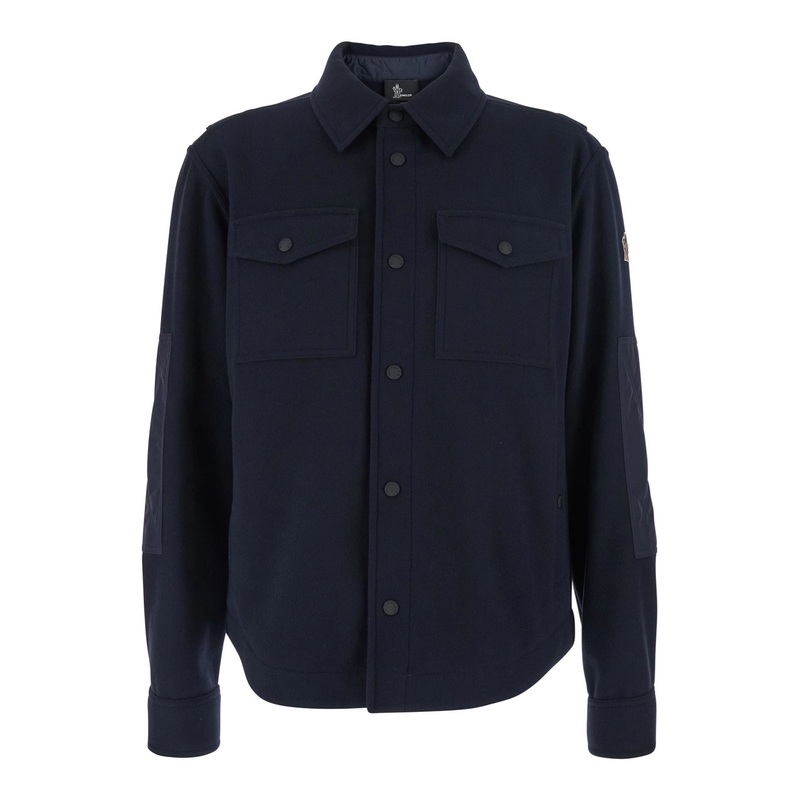 Blue Jacket with Classic Collar and Logo Patch on the Sleeve in Tech Fabric Man